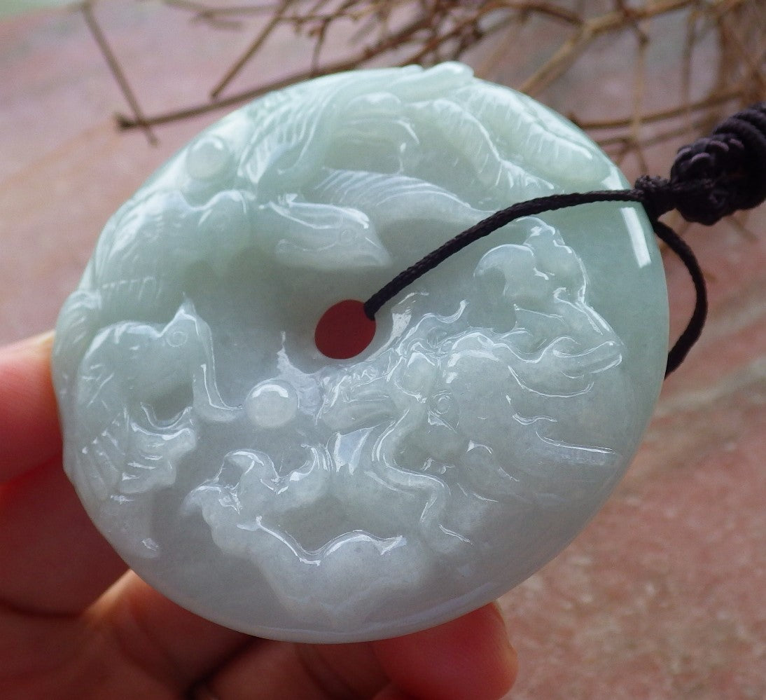 Certified Hand Carved Natural Myanmar Burma A Jade jadeite Mandarin Duck Dragon Phoenix Pendant Necklace