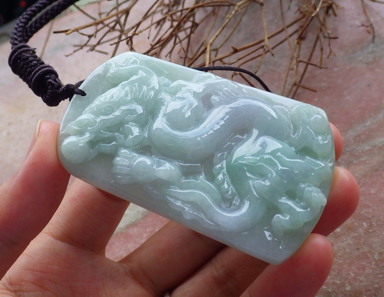 Certified Hand Carved Green 100% Natural A Jade Jadeite Dragon Spit Bead Pendant Necklace