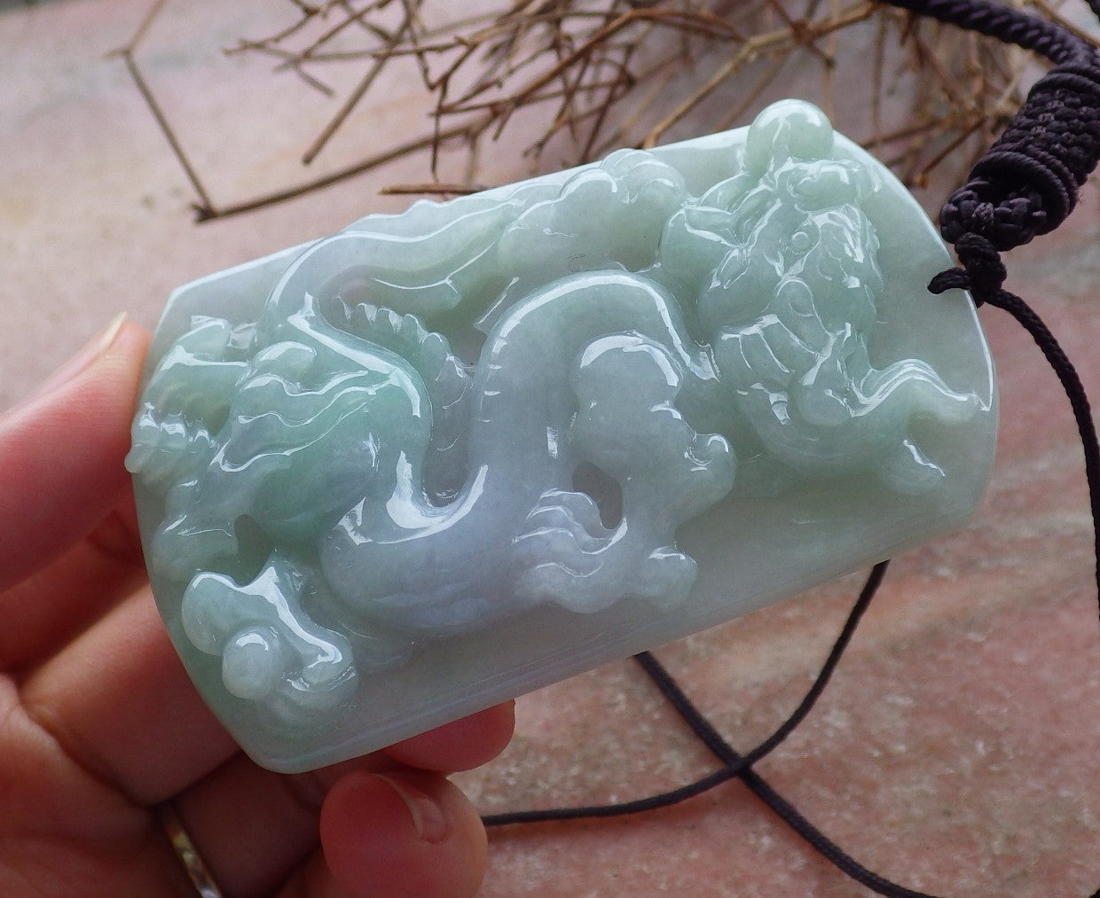 Certified Hand Carved Green 100% Natural A Jade Jadeite Dragon Spit Bead Pendant Necklace