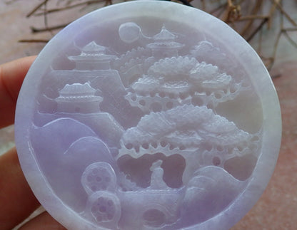 Certified Hand Carved Lavender Natural Myanmar Burma A Jade jadeite Landscape painting Flower Tree Pendant Necklace