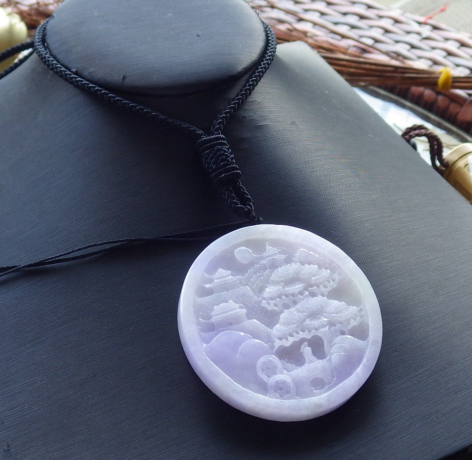 Certified Hand Carved Lavender Natural Myanmar Burma A Jade jadeite Landscape painting Flower Tree Pendant Necklace