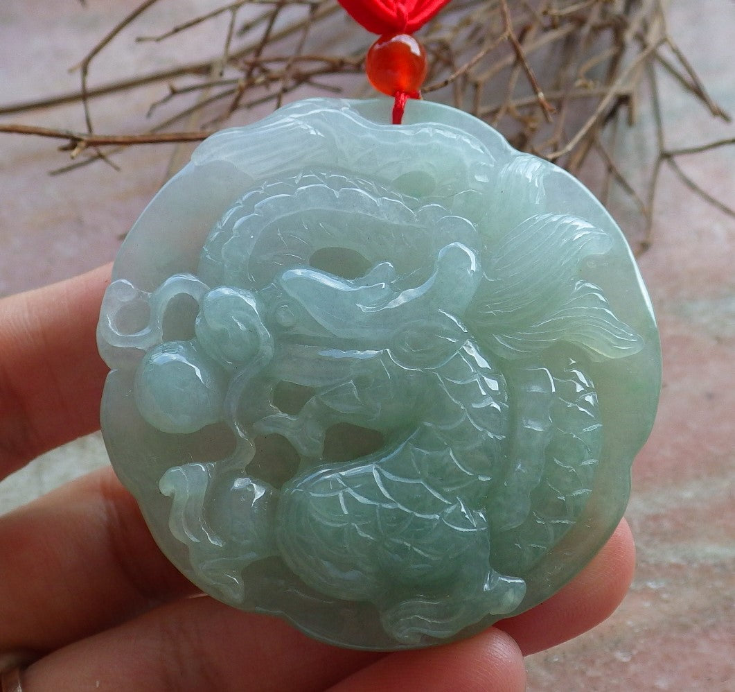 Certified Hand Carved Icy Green 100% Natural A Jade Jadeite Circle Dragon Spit Bead Pendant Necklace