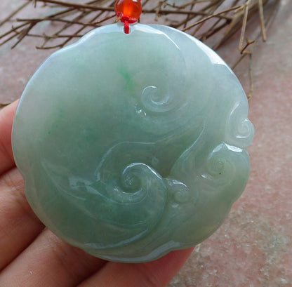 Certified Hand Carved Icy Green 100% Natural A Jade Jadeite Circle Dragon Spit Bead Pendant Necklace