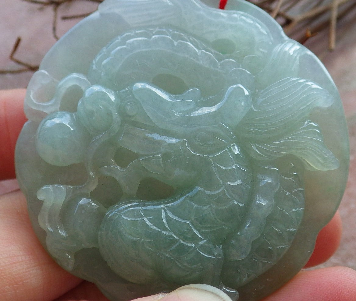 Certified Hand Carved Icy Green 100% Natural A Jade Jadeite Circle Dragon Spit Bead Pendant Necklace