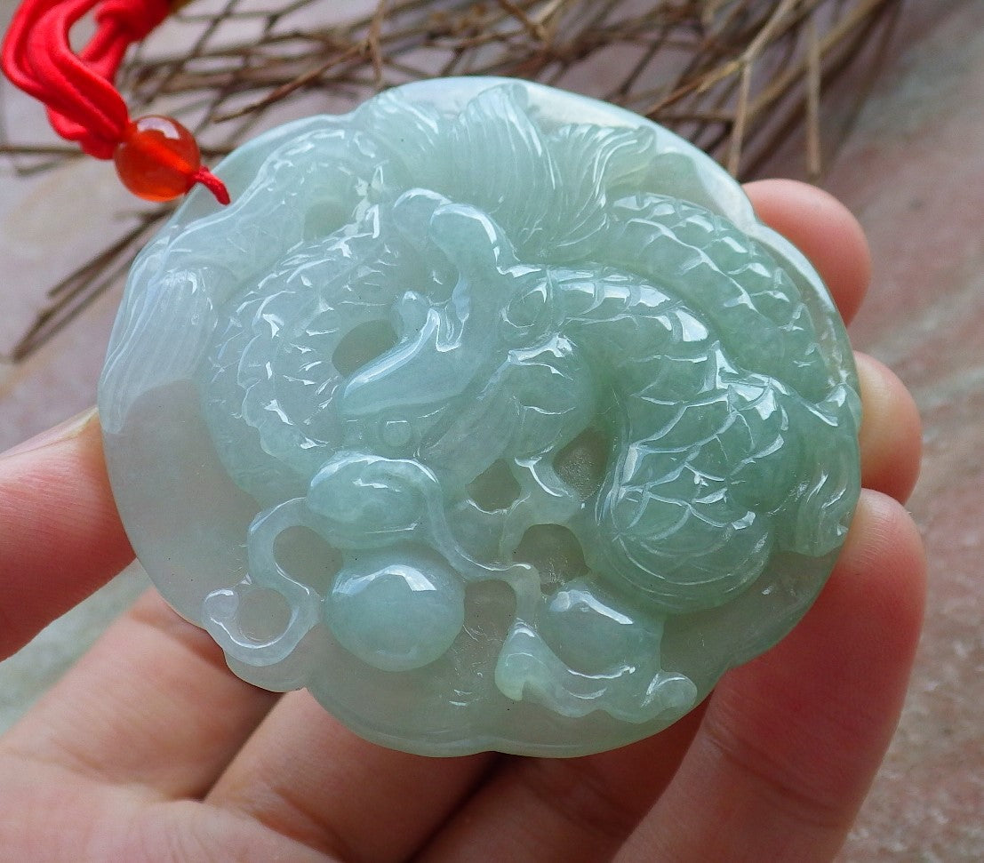 Certified Hand Carved Icy Green 100% Natural A Jade Jadeite Circle Dragon Spit Bead Pendant Necklace