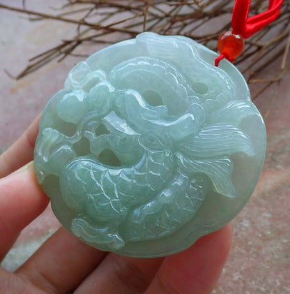 Certified Hand Carved Icy Green 100% Natural A Jade Jadeite Circle Dragon Spit Bead Pendant Necklace