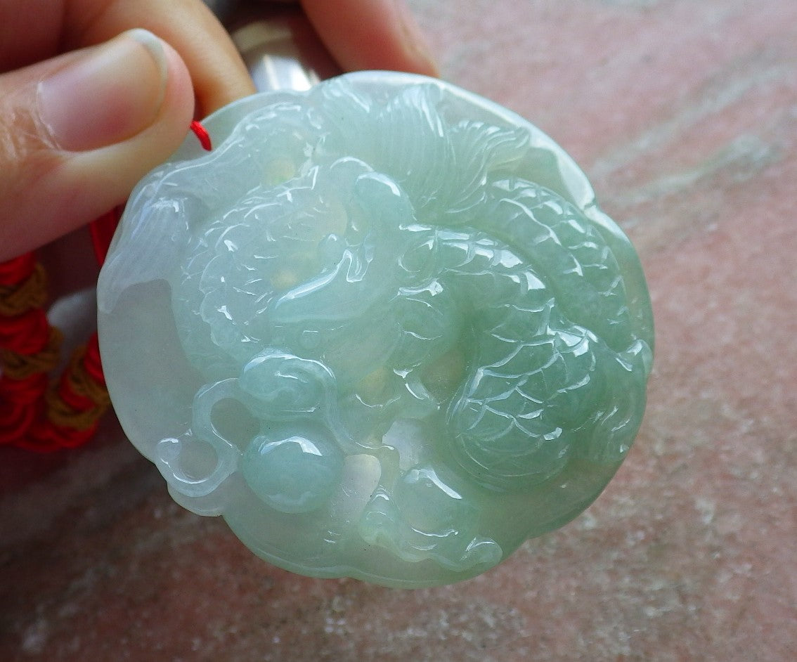 Certified Hand Carved Icy Green 100% Natural A Jade Jadeite Circle Dragon Spit Bead Pendant Necklace