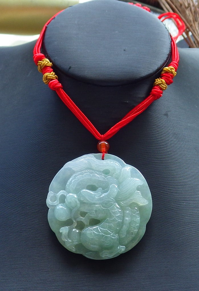 Certified Hand Carved Icy Green 100% Natural A Jade Jadeite Circle Dragon Spit Bead Pendant Necklace