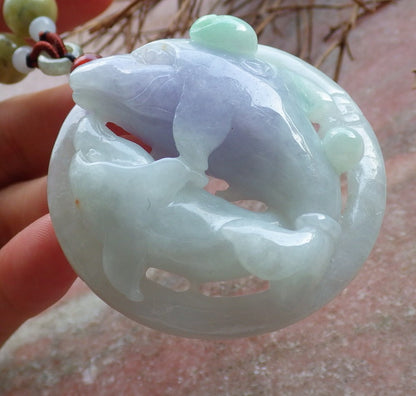 Certified Hand Carved Green Lavender Natural Myanmar Burma A Jade jadeite Dolphin Fish Circle Pendant Necklace