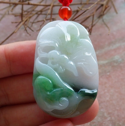 Certified Hand Carved Green Natural Myanmar Burma A Jade jadeite Butterfly Lotus Flower Pendant Necklace