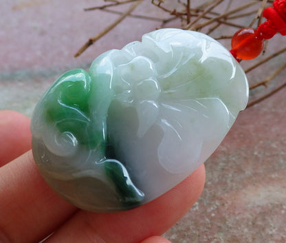 Certified Hand Carved Green Natural Myanmar Burma A Jade jadeite Butterfly Lotus Flower Pendant Necklace