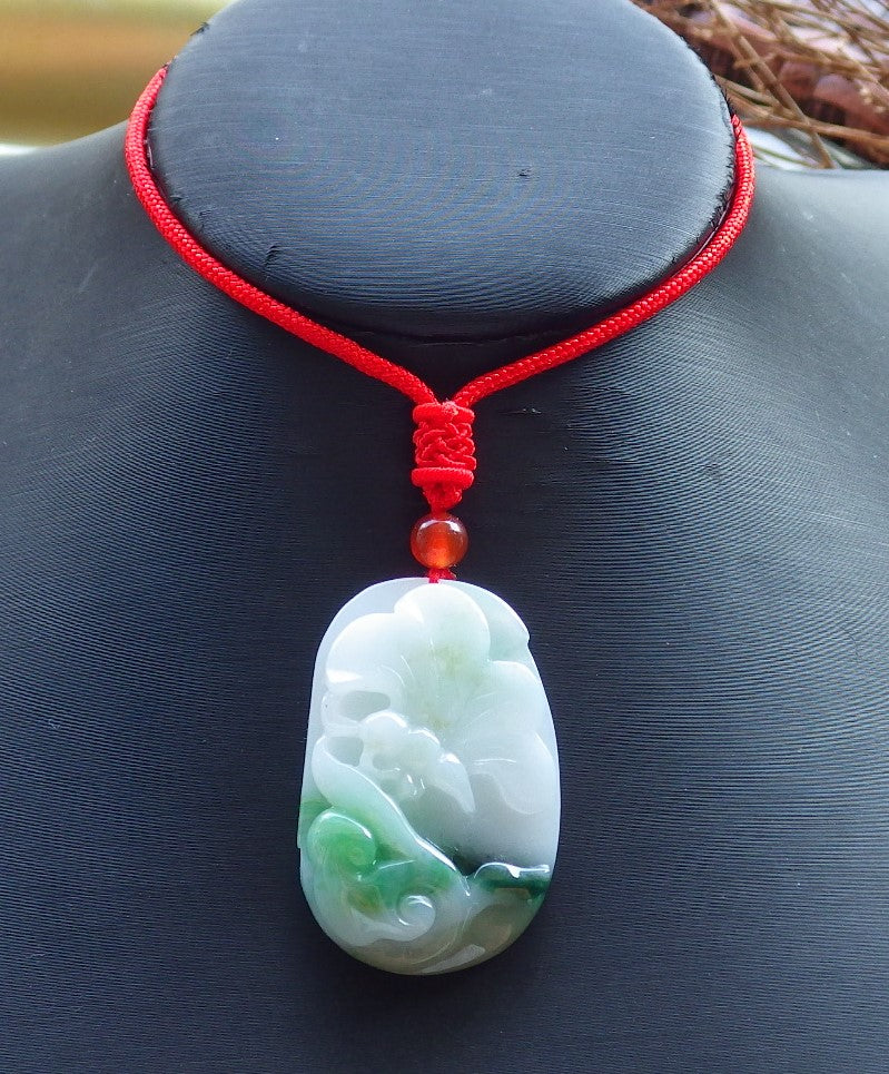 Certified Hand Carved Green Natural Myanmar Burma A Jade jadeite Butterfly Lotus Flower Pendant Necklace