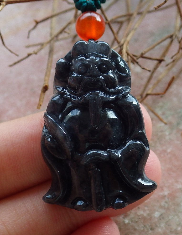 Certified Hand Carved Black Dark Green Natural Myanmar Burma A Jade jadeite Zhong Kui God Bat Fan Pendant Necklace