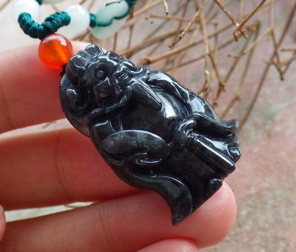 Certified Hand Carved Black Dark Green Natural Myanmar Burma A Jade jadeite Zhong Kui God Bat Fan Pendant Necklace