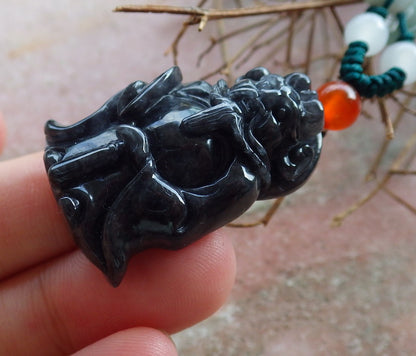 Certified Hand Carved Black Dark Green Natural Myanmar Burma A Jade jadeite Zhong Kui God Bat Fan Pendant Necklace