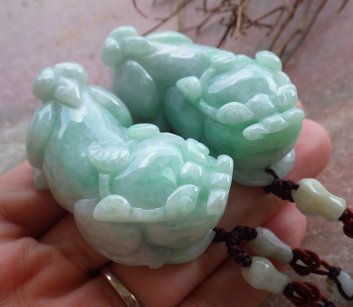 1 Pair Certified Hand Carved Green Natural Myanmar Burma A Jade Jadeite Dragon Pi Xiu Pendant Necklace