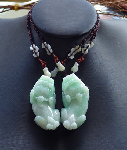 1 Pair Certified Hand Carved Green Natural Myanmar Burma A Jade Jadeite Dragon Pi Xiu Pendant Necklace