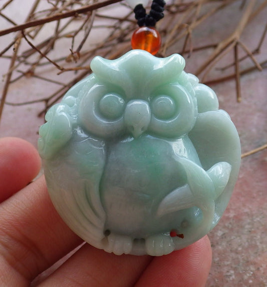 Certified Hand Carved Green 100% Natural Myanmar Burma A Jade jadeite OWL Lotus Flower Pendant Necklace