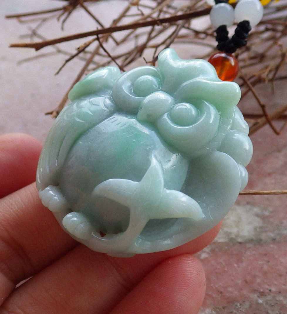 Certified Hand Carved Green 100% Natural Myanmar Burma A Jade jadeite OWL Lotus Flower Pendant Necklace