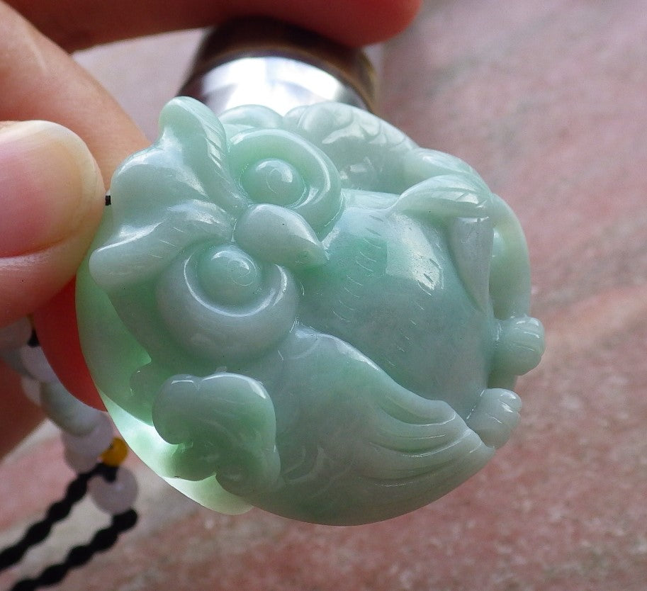 Certified Hand Carved Green 100% Natural Myanmar Burma A Jade jadeite OWL Lotus Flower Pendant Necklace