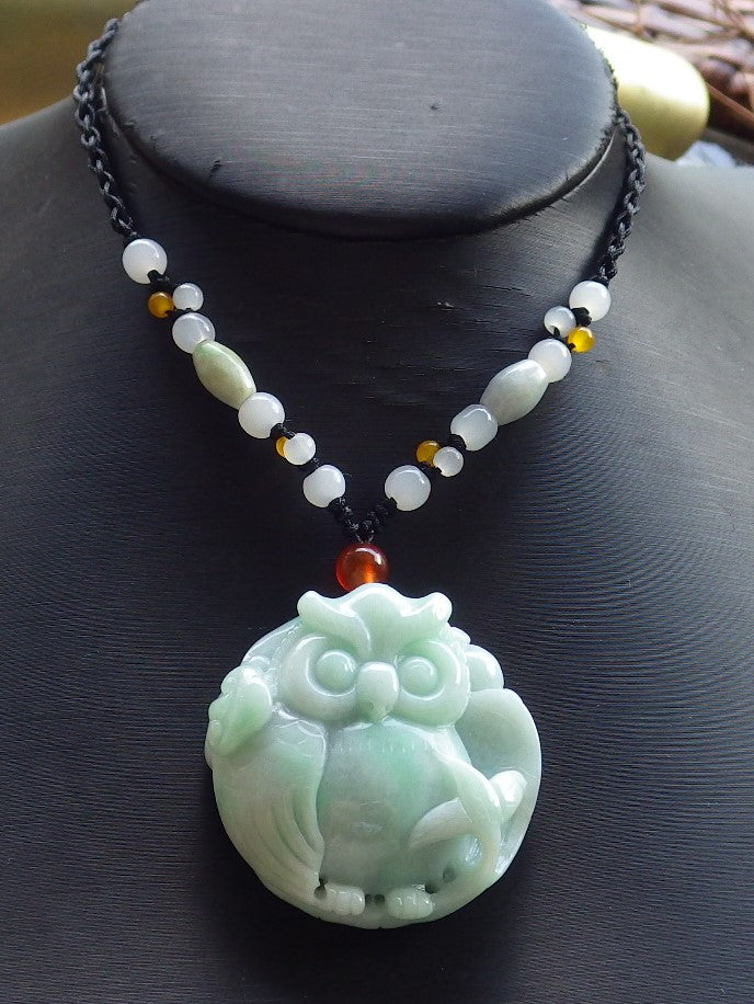 Certified Hand Carved Green 100% Natural Myanmar Burma A Jade jadeite OWL Lotus Flower Pendant Necklace