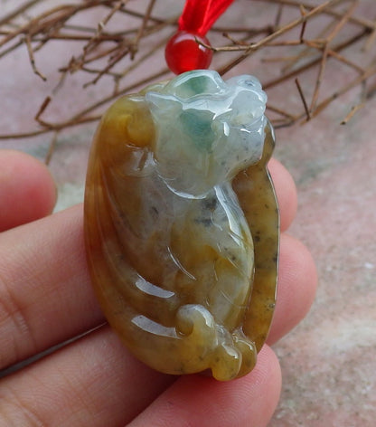 Certified Hand Carved Red Yellow Natural Myanmar Burma A Jade Jadeite Flying Dragon Pendant Necklace