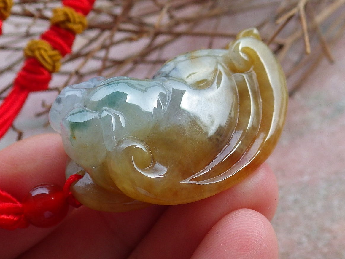 Certified Hand Carved Red Yellow Natural Myanmar Burma A Jade Jadeite Flying Dragon Pendant Necklace