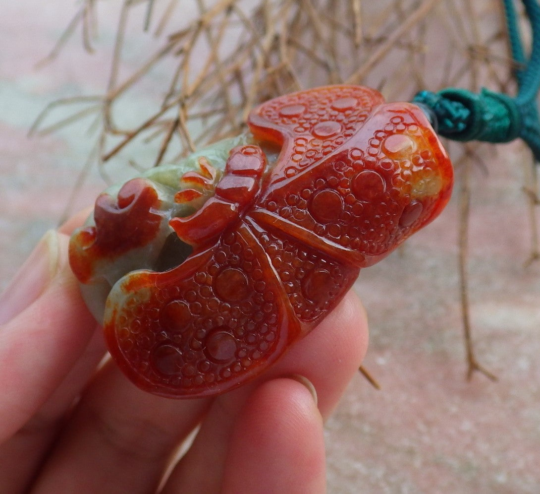 Certified Hand Carved Red Green Natural Myanmar Burma A Jade jadeite Butterfly Lotus Flower Pendant Necklace