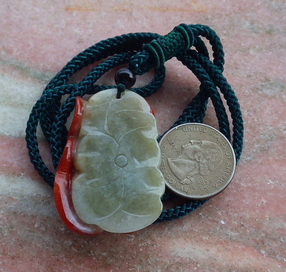 Certified Hand Carved Red Green Natural Myanmar Burma A Jade jadeite Butterfly Lotus Flower Pendant Necklace