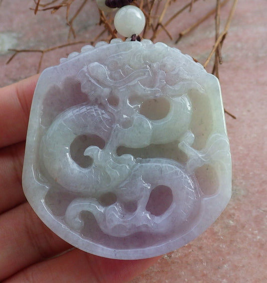 Certified Hand Carved Green Lavender Natural Myanmar Burma A Jade Jadeite Dragon Pendant Necklace