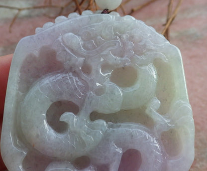 Certified Hand Carved Green Lavender Natural Myanmar Burma A Jade Jadeite Dragon Pendant Necklace