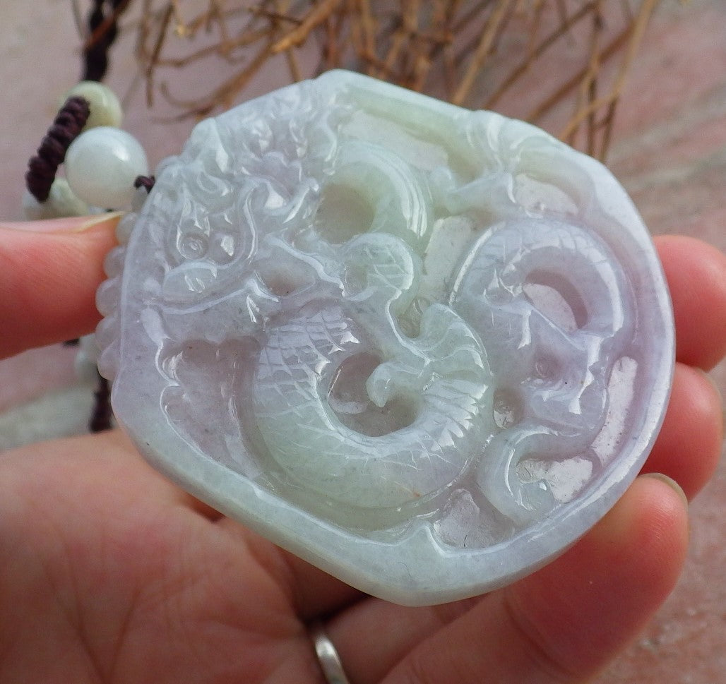 Certified Hand Carved Green Lavender Natural Myanmar Burma A Jade Jadeite Dragon Pendant Necklace