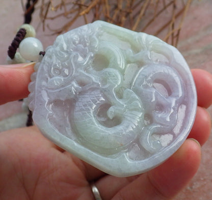 Certified Hand Carved Green Lavender Natural Myanmar Burma A Jade Jadeite Dragon Pendant Necklace