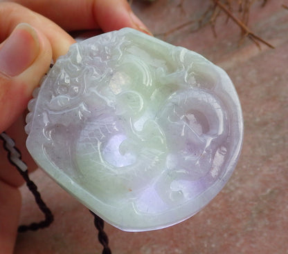 Certified Hand Carved Green Lavender Natural Myanmar Burma A Jade Jadeite Dragon Pendant Necklace