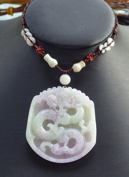 Certified Hand Carved Green Lavender Natural Myanmar Burma A Jade Jadeite Dragon Pendant Necklace