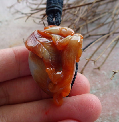 Certified Hand Carved Red Green Natural Myanmar Burma A Jade Jadeite Dragon Pi Xiu Peach Leaf Pendant Necklace