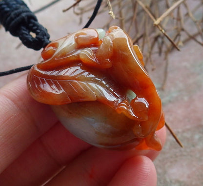 Certified Hand Carved Red Green Natural Myanmar Burma A Jade Jadeite Dragon Pi Xiu Peach Leaf Pendant Necklace