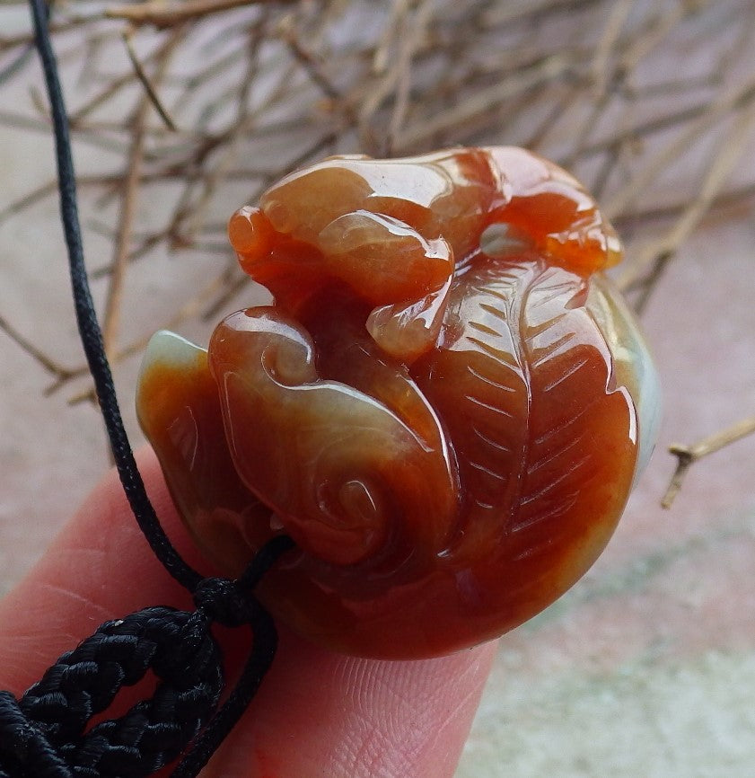 Certified Hand Carved Red Green Natural Myanmar Burma A Jade Jadeite Dragon Pi Xiu Peach Leaf Pendant Necklace