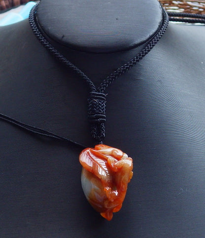 Certified Hand Carved Red Green Natural Myanmar Burma A Jade Jadeite Dragon Pi Xiu Peach Leaf Pendant Necklace