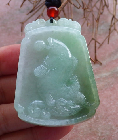 Certified Hand Carved Green Natural Myanmar Burma A Jade Jadeite Fish Lotus Flower Pendant Necklace