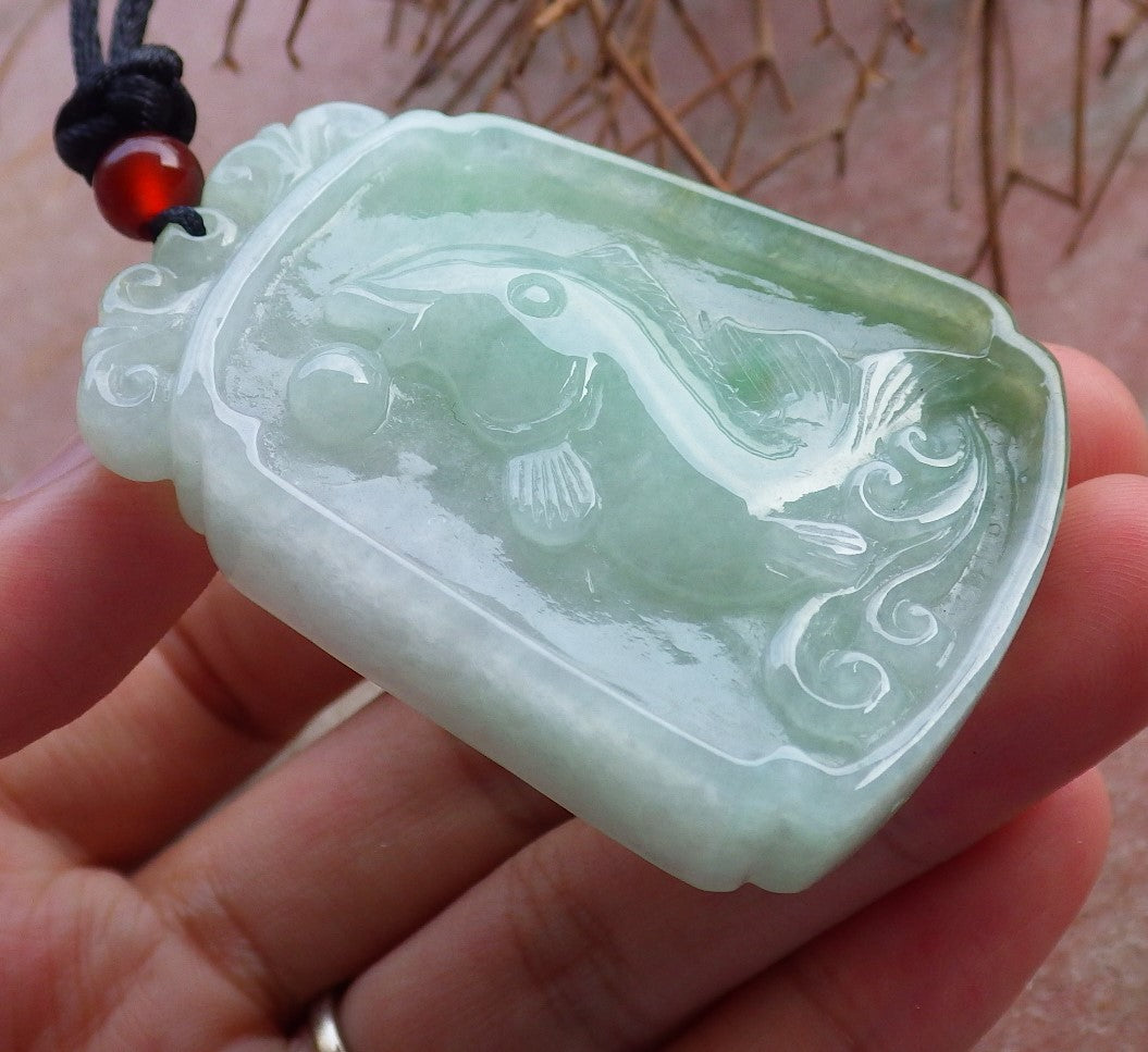 Certified Hand Carved Green Natural Myanmar Burma A Jade Jadeite Fish Lotus Flower Pendant Necklace