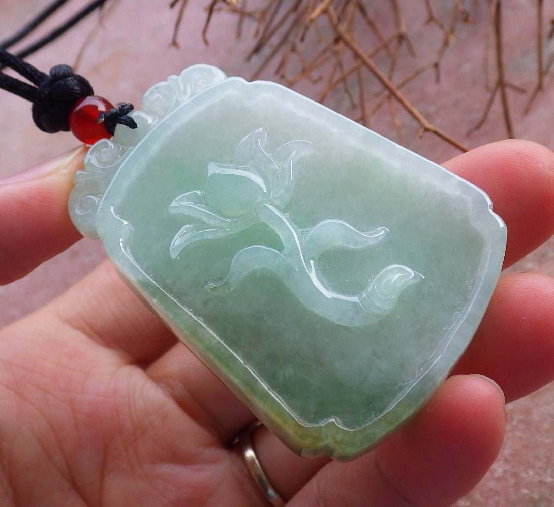 Certified Hand Carved Green Natural Myanmar Burma A Jade Jadeite Fish Lotus Flower Pendant Necklace