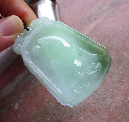 Certified Hand Carved Green Natural Myanmar Burma A Jade Jadeite Fish Lotus Flower Pendant Necklace