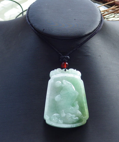 Certified Hand Carved Green Natural Myanmar Burma A Jade Jadeite Fish Lotus Flower Pendant Necklace