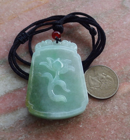 Certified Hand Carved Green Natural Myanmar Burma A Jade Jadeite Fish Lotus Flower Pendant Necklace