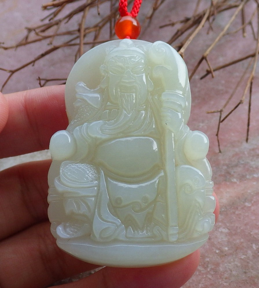 Certified Hand Carved 100% Natural Hetian Nephrite Jade Fight God Guan Gong God Guangyu Broadword Pendant Necklace