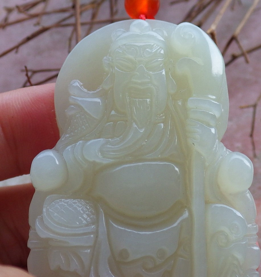 Certified Hand Carved 100% Natural Hetian Nephrite Jade Fight God Guan Gong God Guangyu Broadword Pendant Necklace