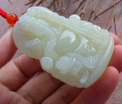 Certified Hand Carved 100% Natural Hetian Nephrite Jade Fight God Guan Gong God Guangyu Broadword Pendant Necklace