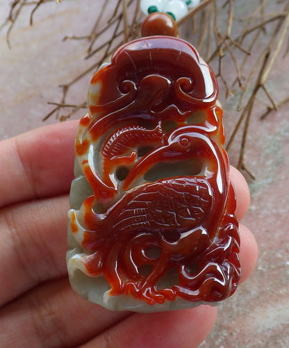 Certified Hand Carved Red Green Natural Myanmar Burma A Jade Jadeite Crowned Crane Bird Lotus Flower Ruyi Pendant Necklace