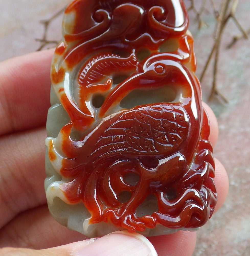 Certified Hand Carved Red Green Natural Myanmar Burma A Jade Jadeite Crowned Crane Bird Lotus Flower Ruyi Pendant Necklace